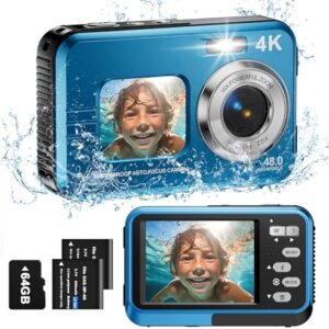 Underwater Camera, 4K Waterproof Camera with 64GB Card 48MP Autofocus Selfie Dual Screens 11FT Underwater Camera for Snorkeling Waterproof Compact Portable Digital Camera, 2 Batteries