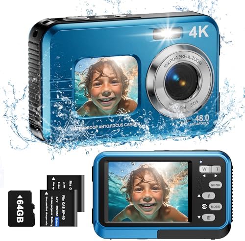 Underwater Camera, 4K Waterproof Camera with 64GB Card 48MP Autofocus Selfie Dual Screens 11FT Underwater Camera for Snorkeling Waterproof Compact Portable Digital Camera, 2 Batteries