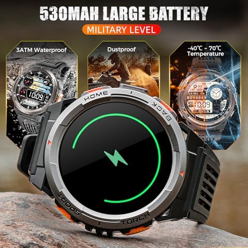 EIGIIS KE5 Military Smart Watch for Men with Flashlight SOS 3ATM Waterproof Watch 530mAh Big Battery 1.45" Rugged Tactical Smartwatch with Compass Elevation Barometer Fitness Watch for iPhone Android - Image 5