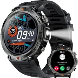 Military Smart Watch for Men with LED Flashlight 1.45” Rugged 3ATM Waterproof Smart Watch with 100+ Sports Modes Fitness Tracker with Heart Rate Sleep Monitor Tactical Smartwatch for iPhone Android