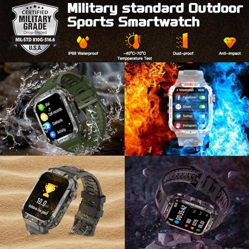 Military Smart Watch Answer/Make Calls 1.96" Fitness Tracker IP68 Waterproof Outdoor Sports Smartwatches Heart Rate/Sleep/SpO2/Stress Monitor 100+ Sports Modes Compatible with iPhone & Android Phones - Image 6