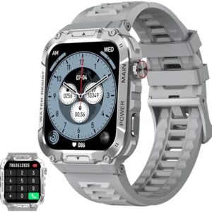 Military Smart Watch Answer/Make Calls 1.96" Fitness Tracker IP68 Waterproof Outdoor Sports Smartwatches Heart Rate/Sleep/SpO2/Stress Monitor 100+ Sports Modes Compatible with iPhone & Android Phones
