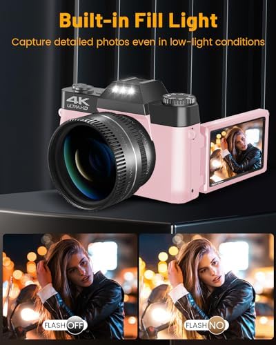 VJIANGER 4K Vlogging Camera for YouTube 48MP Digital Camera for Photography and Video with Flip Screen, Manualfocus, 16X Digital Zoom, 52mm Wide Angle & MacroLens, 32GB TF Card, 2 Batteries(Pink) - Image 5
