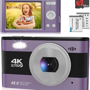 Digital Camera 4K 48MP Kids Camera with 2.8 inch IPS Screen, Portable Compact Point and Shoot Camera for Kids Beginners,Students,Teens with 32GB Card and 2 Batteries (Purple)