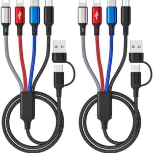 Multi Charging Cable 6 in 1, Multi Charger Cable 2Pack-6FT Braided Multi USB Cable 3A Universal Multiple Phone Charger Cord USB A/C Connector with Type-C, Micro USB/2*iP Ports for Cell Phone/Tablets