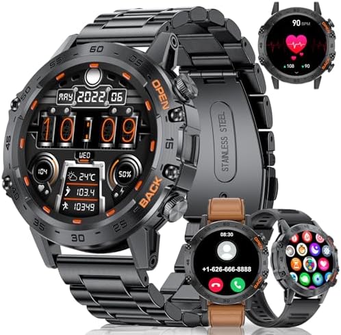 Military Smart Watch for Men(3 Straps),Answer/Make Calls,100 Sports Modes, 5ATM Waterproof Fitness Watch with Heart Rate/Blood Pressure/SpO2 for Android and iOS,1.39''HD DIY Screen Smart Watch