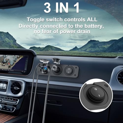 12V USB Outlet Boat Accessories Marine Switch Panel Plug, PD3.0 and Dual QC3.0 USB Ports Aluminum Car Charger with Voltmeter, Lighted 150W Cigarette Lighter Socket and Toggle Switch 3 in 1 DIY Kit - Image 7