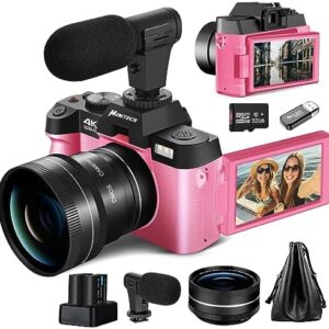 Digital Comcapt for Photography and Video,4K 48MP Vlogging Camera for YouTube with 180° Flip Screen,16X Digital Zoom,52mm Wide Angle & Macro Lens, 2 Batteries, 32GB TF Card(2024 Pink)