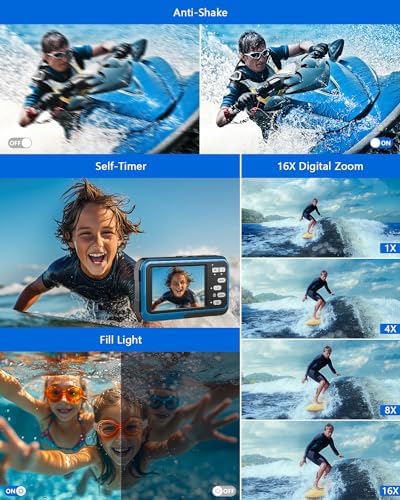 Underwater Camera, 4K Waterproof Camera with 64GB Card 48MP Autofocus Selfie Dual Screens 11FT Underwater Camera for Snorkeling Waterproof Compact Portable Digital Camera, 2 Batteries - Image 5