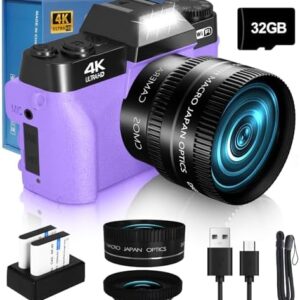 4K Digital Camera for Photography VJIANGER 48MP WiFi Vlogging Camera with 180° Flip Screen, 16X Digital Zoom, 52mm Wide Angle & Macro Lens, 2 Batteries, 32GB TF Card(W02-CY13)