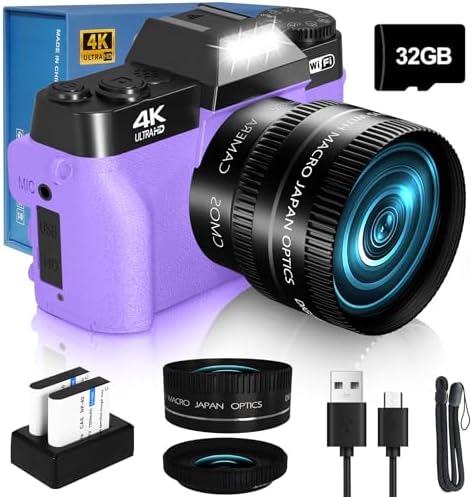 4K Digital Camera for Photography VJIANGER 48MP WiFi Vlogging Camera with 180° Flip Screen, 16X Digital Zoom, 52mm Wide Angle & Macro Lens, 2 Batteries, 32GB TF Card(W02-CY13)