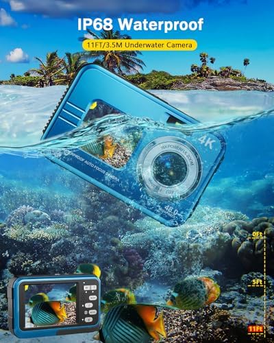 Underwater Camera, 4K Waterproof Camera with 64GB Card 48MP Autofocus Selfie Dual Screens 11FT Underwater Camera for Snorkeling Waterproof Compact Portable Digital Camera, 2 Batteries - Image 3