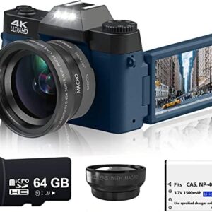 Acuvar 4K 48MP Digital Camera for Photography, Vlogging Camera for YouTube with 3.0’’ 180° Flip Screen, WiFi, 16X Digital Zoom, Wide Angle & Macro Lens, Rechargeable Battery, 64GB Micro SD Card Navy