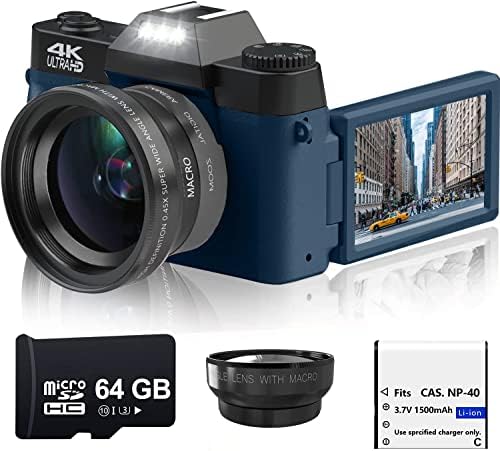 Acuvar 4K 48MP Digital Camera for Photography, Vlogging Camera for YouTube with 3.0’’ 180° Flip Screen, WiFi, 16X Digital Zoom, Wide Angle & Macro Lens, Rechargeable Battery, 64GB Micro SD Card Navy