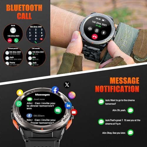 EIGIIS KE5 Military Smart Watch for Men with Flashlight SOS 3ATM Waterproof Watch 530mAh Big Battery 1.45" Rugged Tactical Smartwatch with Compass Elevation Barometer Fitness Watch for iPhone Android - Image 6