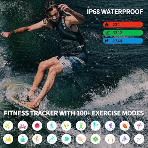 Military Smart Watch Answer/Make Calls 1.96" Fitness Tracker IP68 Waterproof Outdoor Sports Smartwatches Heart Rate/Sleep/SpO2/Stress Monitor 100+ Sports Modes Compatible with iPhone & Android Phones - Image 3