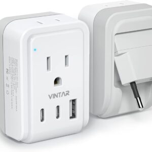 1 Pack European Travel Plug Adapter, VINTAR Foldable International Power Plug with 2 AC Outlets 3 USB Ports(2 USB C), Type C Travel Essentials Charger for US to Most of Europe EU Italy Spain France