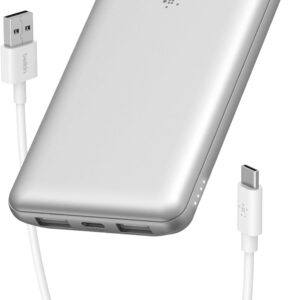 Belkin Portable Charger, USB-C Power Bank 10,000mAh w/ 1 USB-C Port and 2 USB-A Ports, 15W w/USB-A to USB-C Cable for iPhone 16, 16 Plus, 16 Pro, 16 Pro Max, Samsung Galaxy S25, & More - Silver