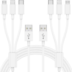 Multi Charger Cable 6Ft 2Pack, 3 in 1 Charging Cord, Universal Phone Charger, Multiple Charger Wire USB-A to Lightning/USB-Type C/Micro USB Connectors for Cellphone, Tablets and More (Charging Only)