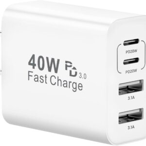 40W 4-Port USB C Charger Block Wall Charger Fast Charging Dual Port PD Power Adapter+QC Double Wall Plug Multiport Type C Brick Charger for iPhone 15 14 13 12 11 Pro Max XS XR X,Samsung