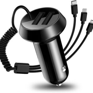 Quick Charge Car Charger, Dual Ports Car Charger Adapter with Stretchable Cable and 3 in 1 Fast Charging Cord for iPhone 13/Pro Max/Pro, 12/11, Samsung Galaxy, iPad, Camera for Most Cars (Black)