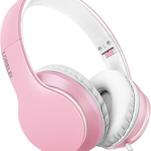 LORELEI X6 Over-Ear Headphones with Microphone, Lightweight Foldable & Portable Stereo Bass Headphones with 1.45M No-Tangle, Wired Headphones for Smartphone Tablet MP3 / 4 (Pearl Pink)