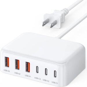 USB C Charger Block, 100W GaN 6 Port PD USB C QC USB A Wall Charger Adapter Plug Cube, Super Fast Type C Charging Station Hub for iPhone 16 15 14 13 12 Pro Max iPad Samsung Pixel 5ft Extension Cord