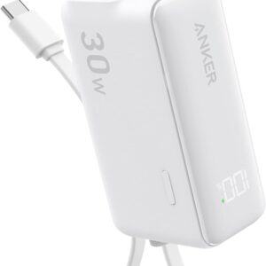 Anker Power Bank USB C Charger Block, 3-in-1 5,000mAh Portable Charger with Built-in USB-C Cable and Foldable AC Plug, 30W Max Compact Battery Pack, for iPhone 15 Series, Galaxy, MacBook, and More