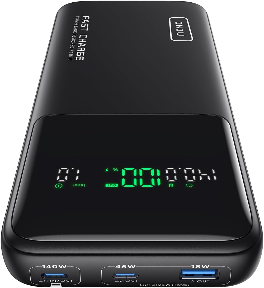INIU 140W Power Bank, 27000mAh High Capacity Laptop Portable Charger, USB C in&Out Tablet Powerbank, Smart Digital Display Phone Charger Compatible with iPhone 16, iPad, MacBook, Laptop etc.