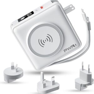 PWR Travel PRO 5-in-1 Power Bank – 5-in-1 PD 20W USB C Power Bank – 15W Fast Charging Wireless Portable Charger – Travel Power Bank with 10,000mAh Battery – Compatible with Lightning, USB-C (White)