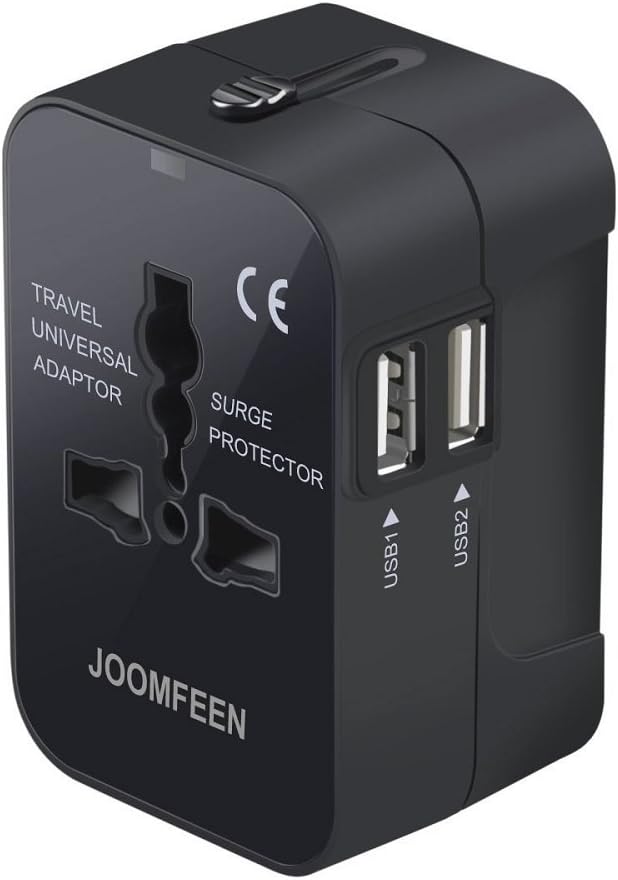 Travel Adapter, JOOMFEEN Worldwide All in One Universal Power Wall Charger AC Power Plug Adapter with Dual USB Charging Ports for USA EU UK AUS Cell Phone Laptop (Black)