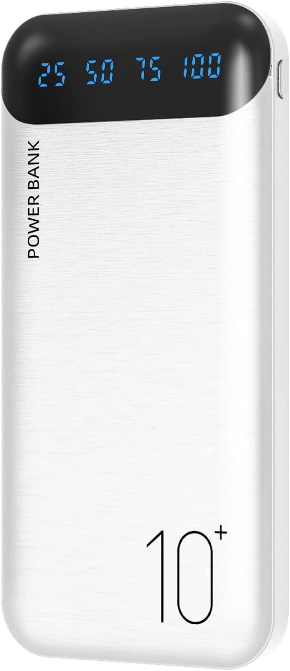 Power Bank 10000mAh Portable Charger Slim External Battery Pack with 2 USB 2.4A Outputs and USB C in/Out Compatible with Huawei iPhone 16 15 14 13 12 iPad Samsung Galaxy S20 Android Tablet (White)