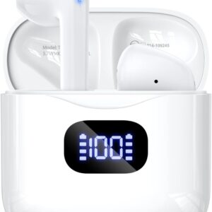 Wireless Earbuds Bluetooth 5.3 Headphones, 40Hrs Playback Stereo Ear Buds with LED Display Charging Case IPX7 Waterproof in-Ear Earphones with Mic for Phone Tablet Laptop Sports, White
