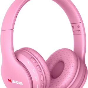 MIDOLA Kids Headphones Bluetooth 5.3 Wireless 60H Play Time Volume Limit 85/110dB Over Ear Foldable Protection Headset/Wired AUX Cord Mic for Children Boy Girl Travel School Phone Pad Tablet Pink