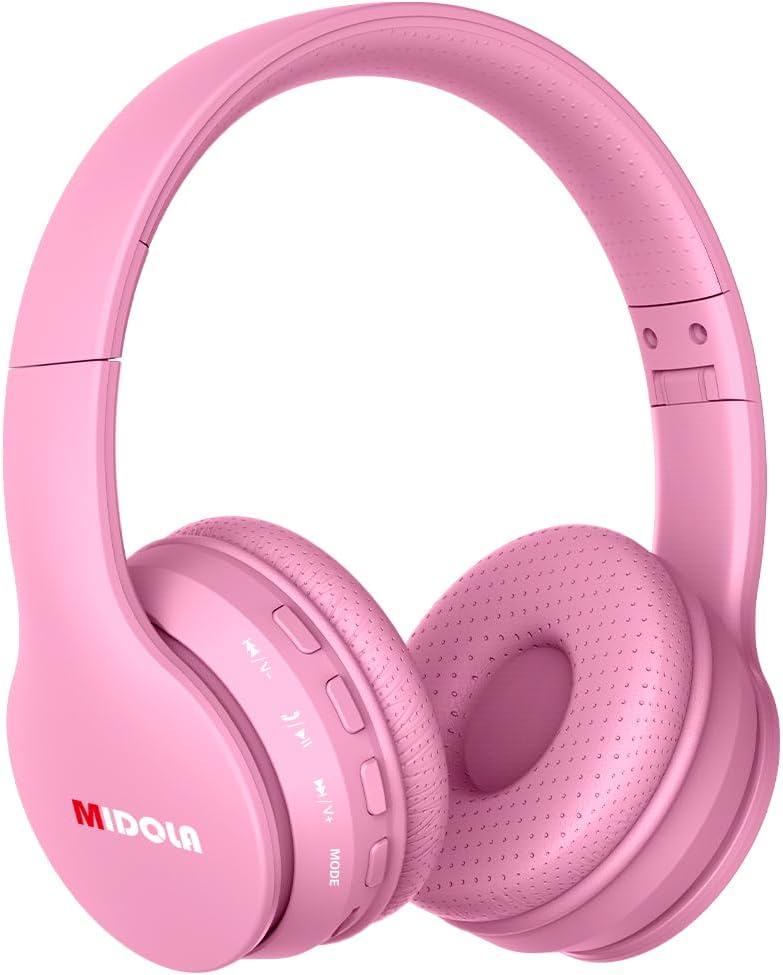MIDOLA Kids Headphones Bluetooth 5.3 Wireless 60H Play Time Volume Limit 85/110dB Over Ear Foldable Protection Headset/Wired AUX Cord Mic for Children Boy Girl Travel School Phone Pad Tablet Pink