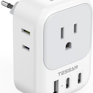 European Travel Plug Adapter, TESSAN Type C Power Adaptor with 4 AC Outlets 3 USB Ports (2 USB C), Europe Outlet Converter for USA to EU Euro Italy Iceland Spain France Greece Germany Portugal