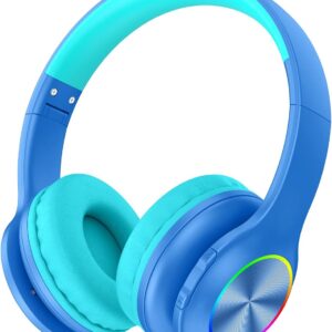 Bluetooth Kids Headphones Fit for Aged 3-21, Colorful LED Lights Comfort Wireless Headphones with Microphone 94dB Volume Limited for School/iPad/PC/TV/Cellphones, Wired & TF Card Mode,Blue