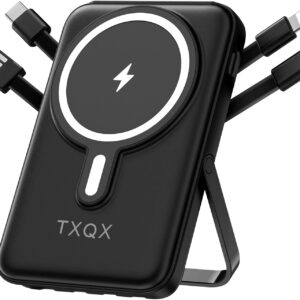 Wireless Portable Charger 10000mAh, Magnetic Power Bank with Built-in Cables LED Display,Mag-safe Battery Pack with Stand 22.5W PD Fast Charging for iPhone 16/15/14/13/12/Pro/Mini/Pro Max (Black)