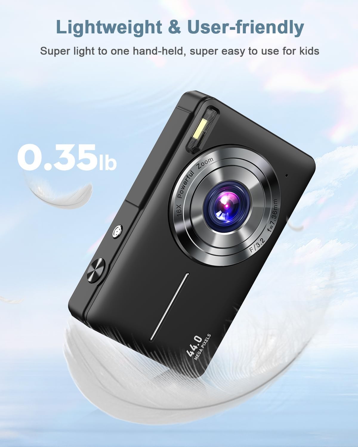 Digital Camera, Lecran FHD 1080P Kids Camera 44MP with 32GB Card, 2 Batteries, Lanyard, 16X Zoom Anti Shake, Compact Portable Small Point Shoot Camera for Kids Student Children Teens Girl Boy(Black) - Image 4