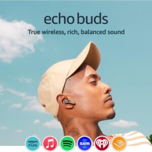Amazon Echo Buds (newest model), True Wireless Bluetooth 5.2 Earbuds with Alexa, audio personalization, multipoint, 20H battery with charging case, fast charging, sweat resistant, Black