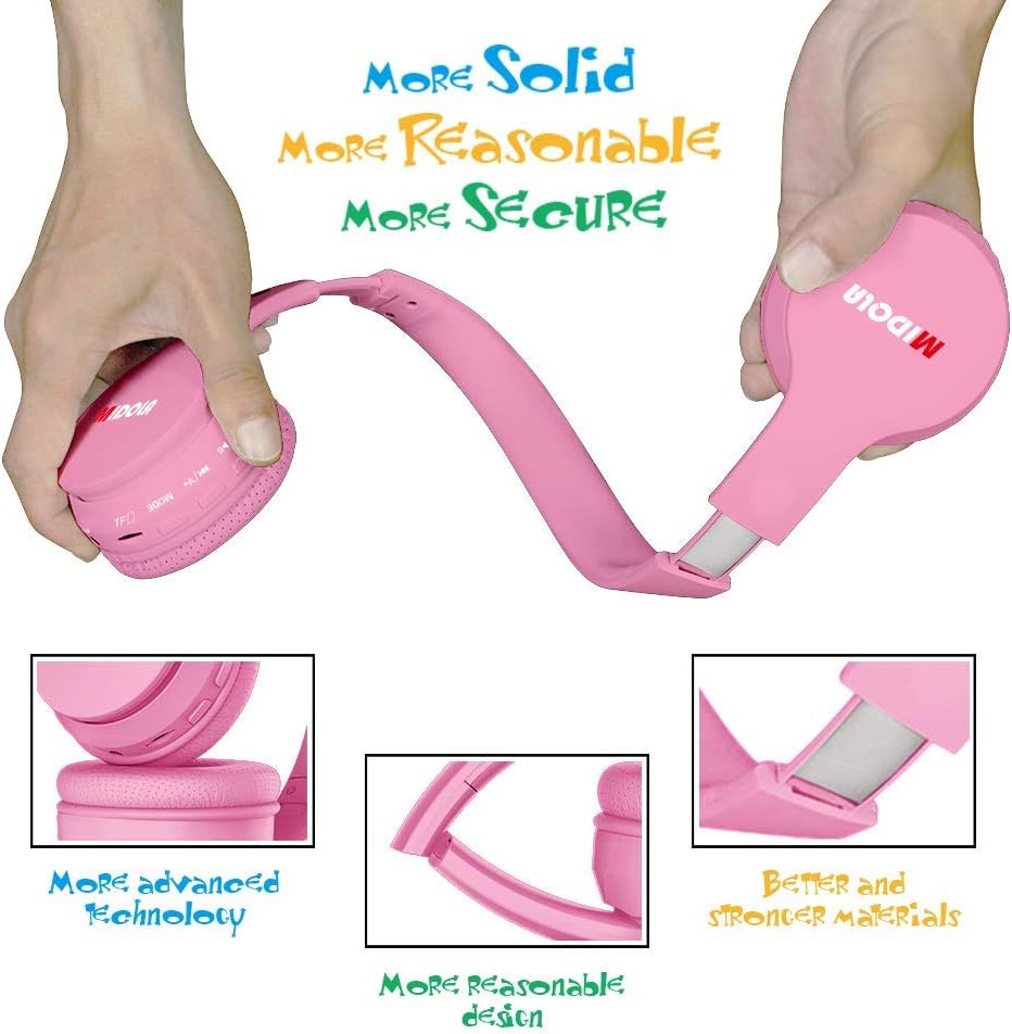 MIDOLA Kids Headphones Bluetooth 5.3 Wireless 60H Play Time Volume Limit 85/110dB Over Ear Foldable Protection Headset/Wired AUX Cord Mic for Children Boy Girl Travel School Phone Pad Tablet Pink - Image 6