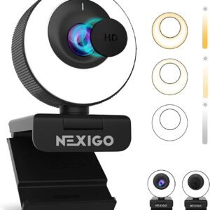 NexiGo N620E Webcam with Light, 1080P 60FPS AutoFocus, ePTZ 2X Digital Zoom, Plug and Play, [Software Included], FHD Streaming Web Camera, Dual Stereo Mics, for Zoom Skype Teams, PC Mac Laptop Desktop