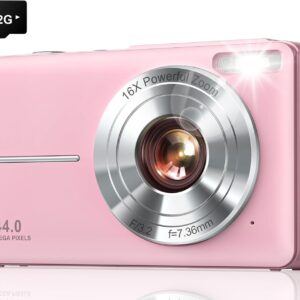 Digital Camera, Upgraded FHD 1080P Kids Camera with 32GB Card, 16X Zoom Time Stamp Anti Shake, Lanyard, Compact Portable Small Point and Shoot Camera for Kid Student Children Teen Girl Boy(Pink)