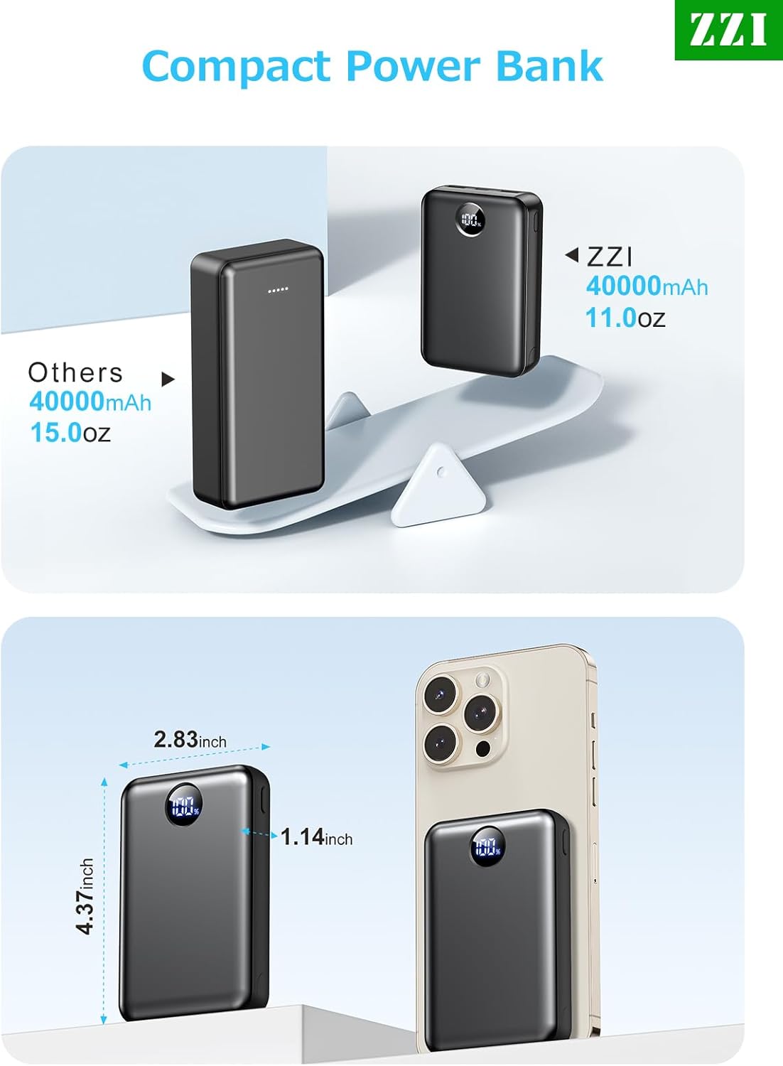 Portable Charger Pocket Size 40000mAh Power Bank,fast charging battery pack,USB-C Android-22.5W/iOS-20W Output,Portable Phone Charger battery bank for iPhone 16/15/14/13 Series, Samsung Google (Black) - Image 2