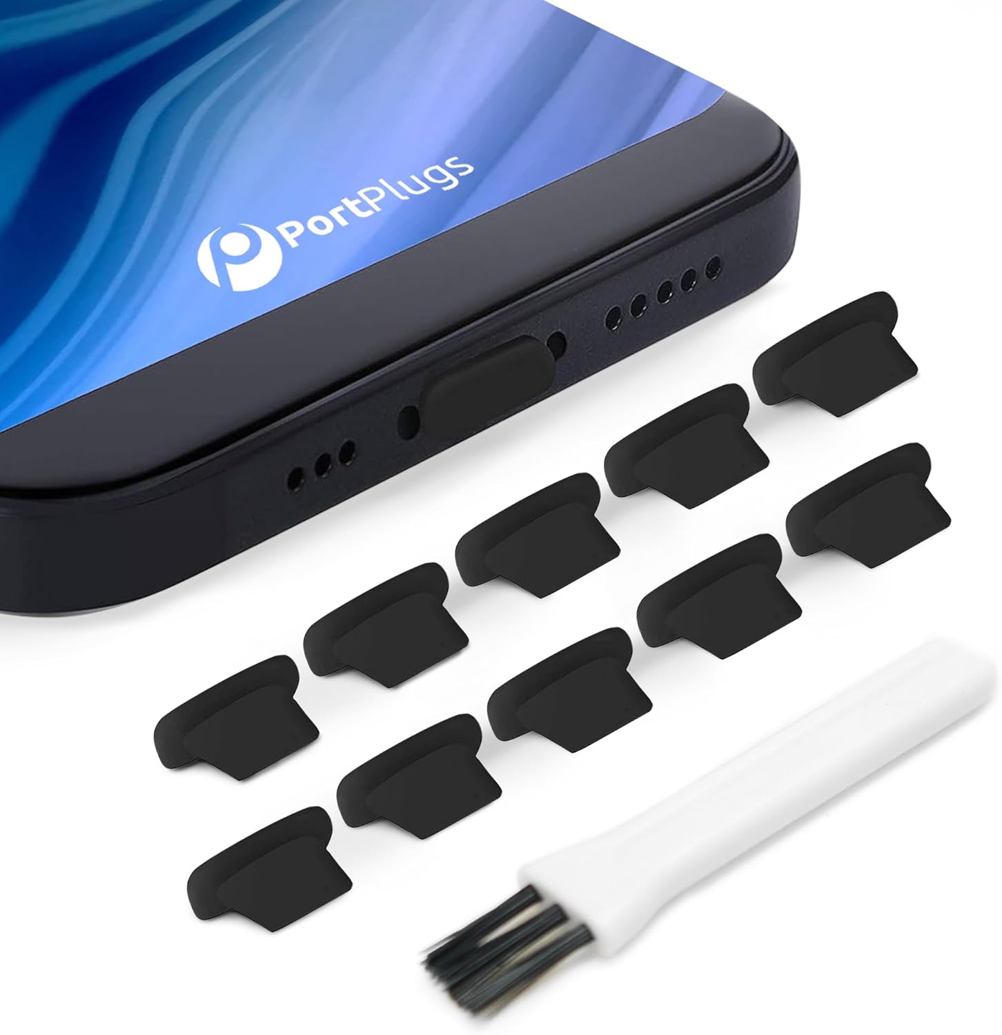 PortPlugs Anti Dust Plugs (10 Pack) - includes Charging Port Cleaning Brush - Flat Design Port Protector Cover - Compatible w/iPhone 14, 13,12,11 & Air Pods - Black - Image 6