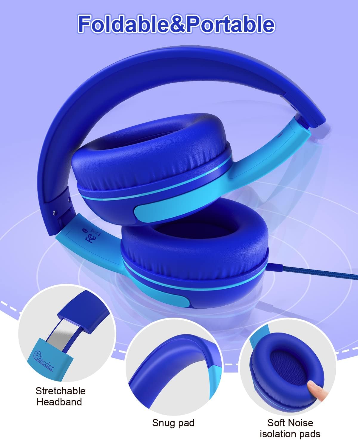 ELECDER Kids Headphones, S8 Wired Headphones for Kids with Microphone for Boys Girls, Adjustable 85dB/94dB Volume Limited (Navy/Blue) - Image 4