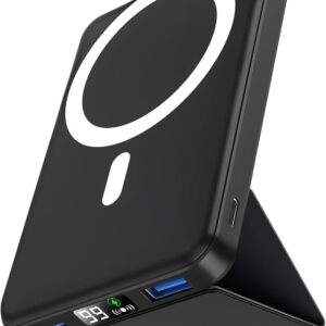 podoru for Magsafe Battery Pack, Foldable 10000mAh Wireless Portable Charger with USB-C Cable LED Display 22.5W PD Fast Charging Magnetic Power Bank for iPhone 16/15/14/13/12 All Series-Black