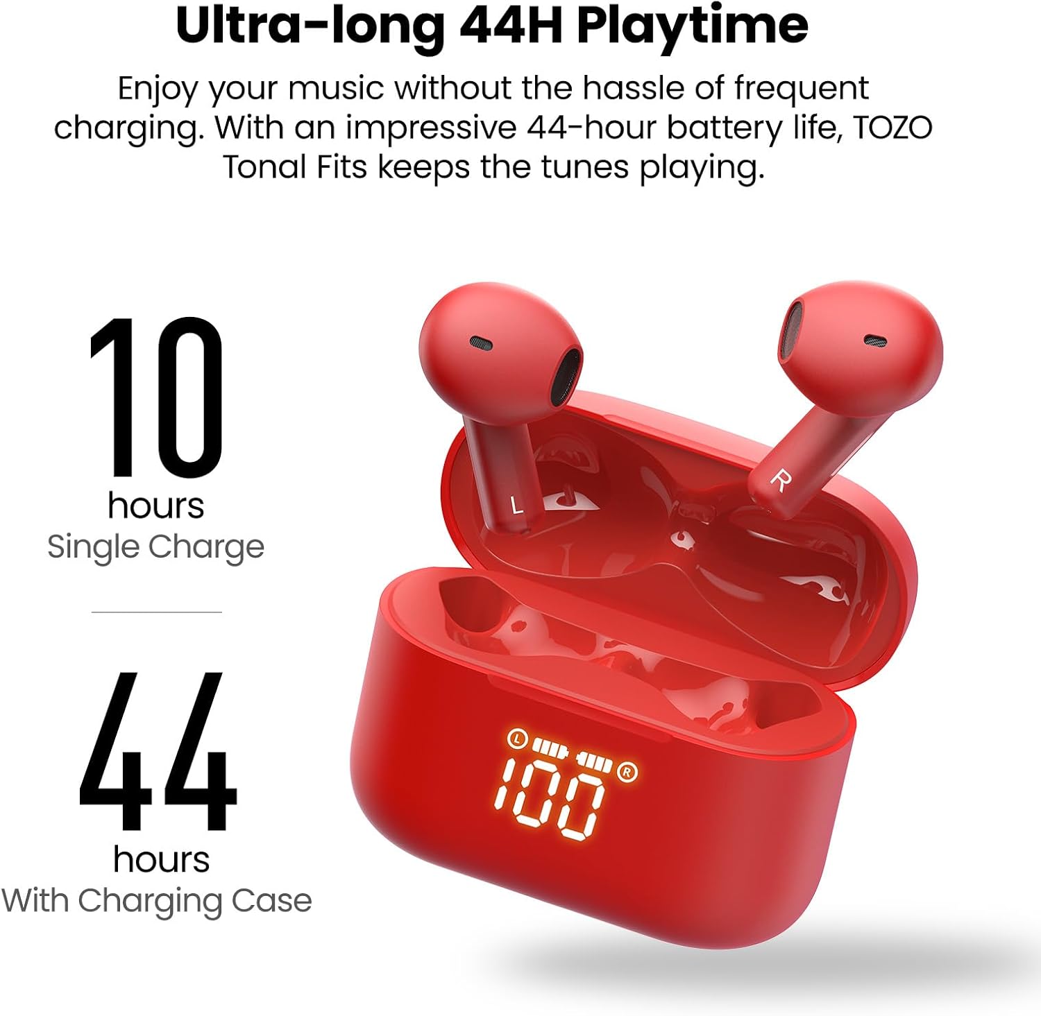TOZO T21 Wireless Earbuds Bluetooth 5.3 in Ear Headphones Dual Mic Call Noise Cancelling IPX8 Waterproof 44H Playback Stereo Sound with LED Display Wireless Charging Case 32 EQs via APP Red - Image 5