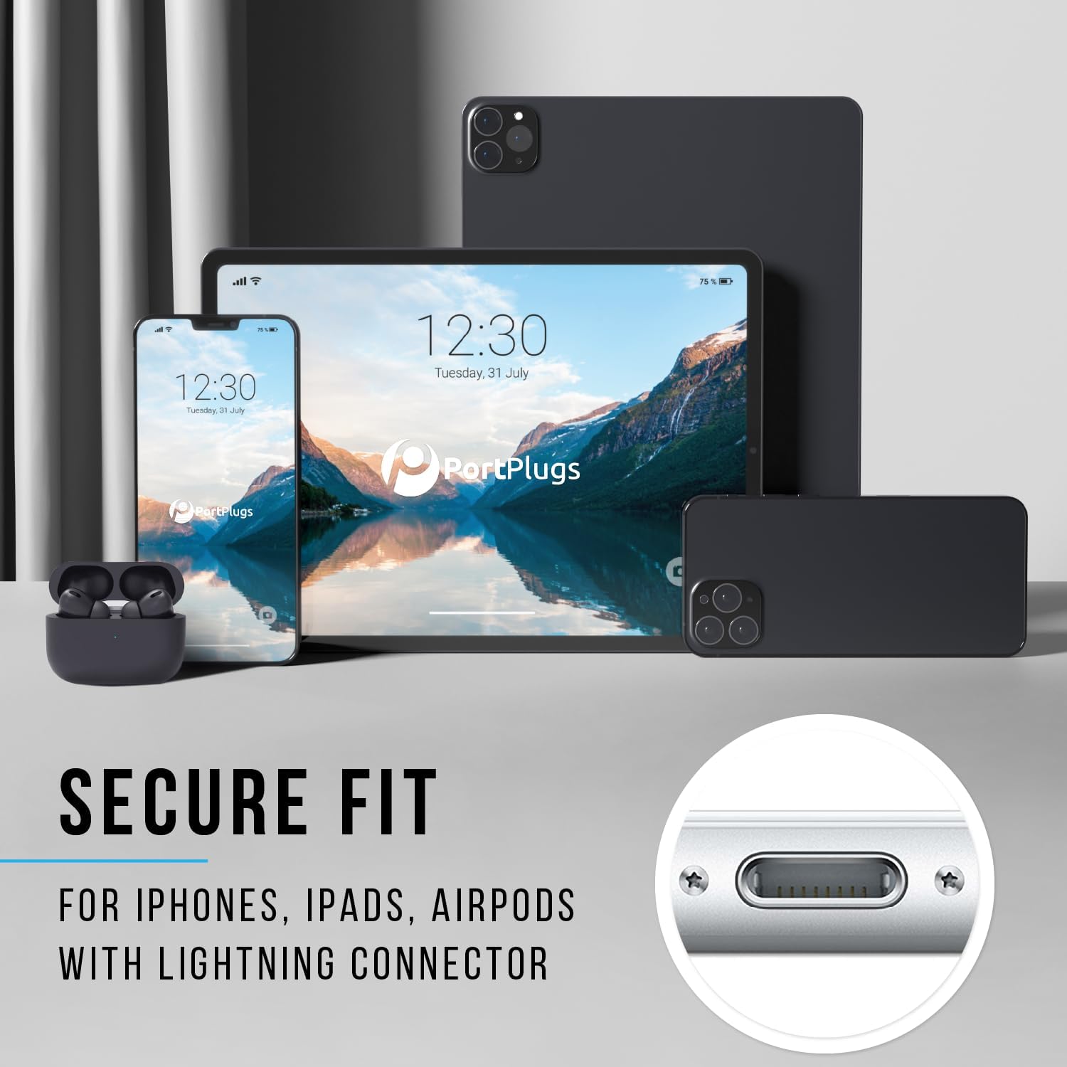 PortPlugs Anti Dust Plugs (10 Pack) - includes Charging Port Cleaning Brush - Flat Design Port Protector Cover - Compatible w/iPhone 14, 13,12,11 & Air Pods - Black - Image 3