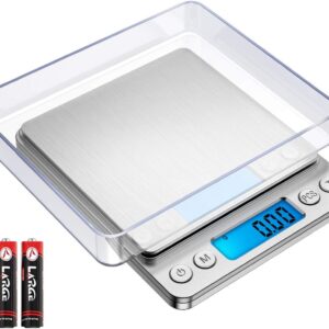 (Upgraded) AMIR Digital Kitchen Scale, 500g Mini Pocket Jewelry Scale, Food Scale, Coffee Scale, Back-Lit LCD Display, 2 Trays, 6 Units, Auto Off, Tare, PCS, Stainless Steel (Batteries Included)